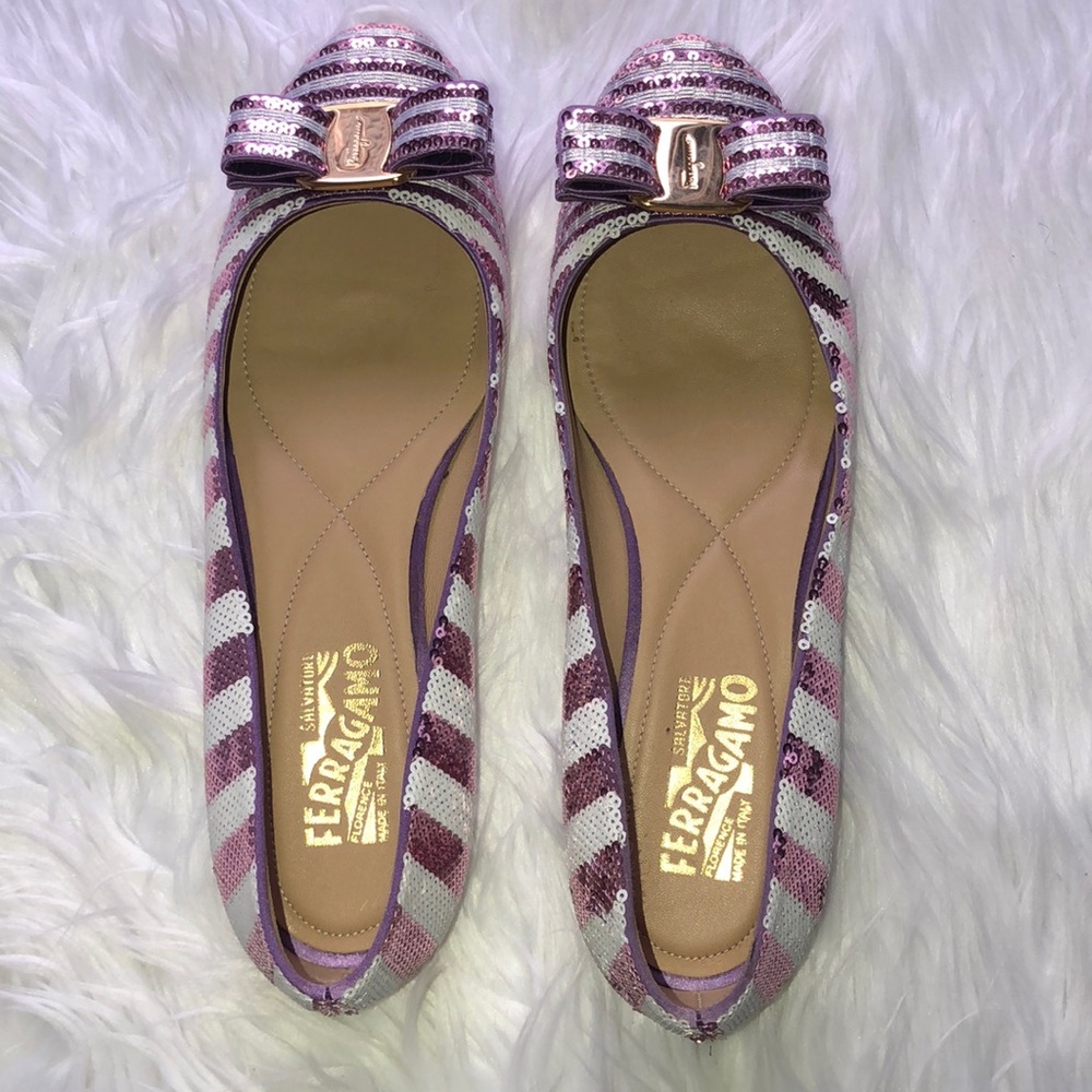 Salvatore Ferragamo Pink Sequin Bow Ballet Flats